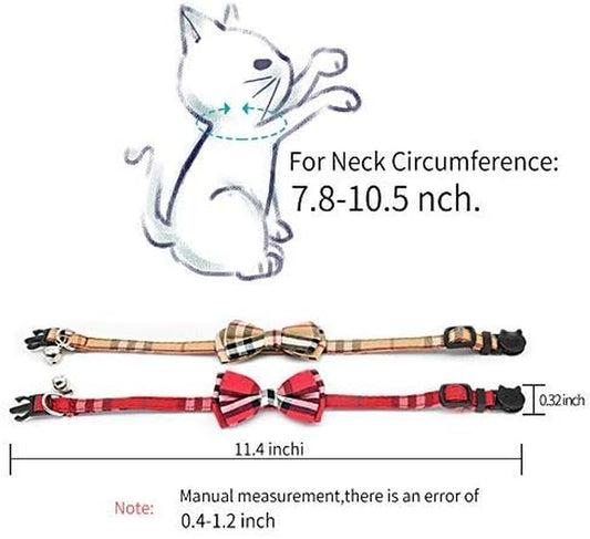 2 Pack/Set Cat Collar Breakaway with Cute Bow Tie and Bell for Kitty and Some Puppies, Adjustable from 7.8-10.5 Inch (Black+Brown)