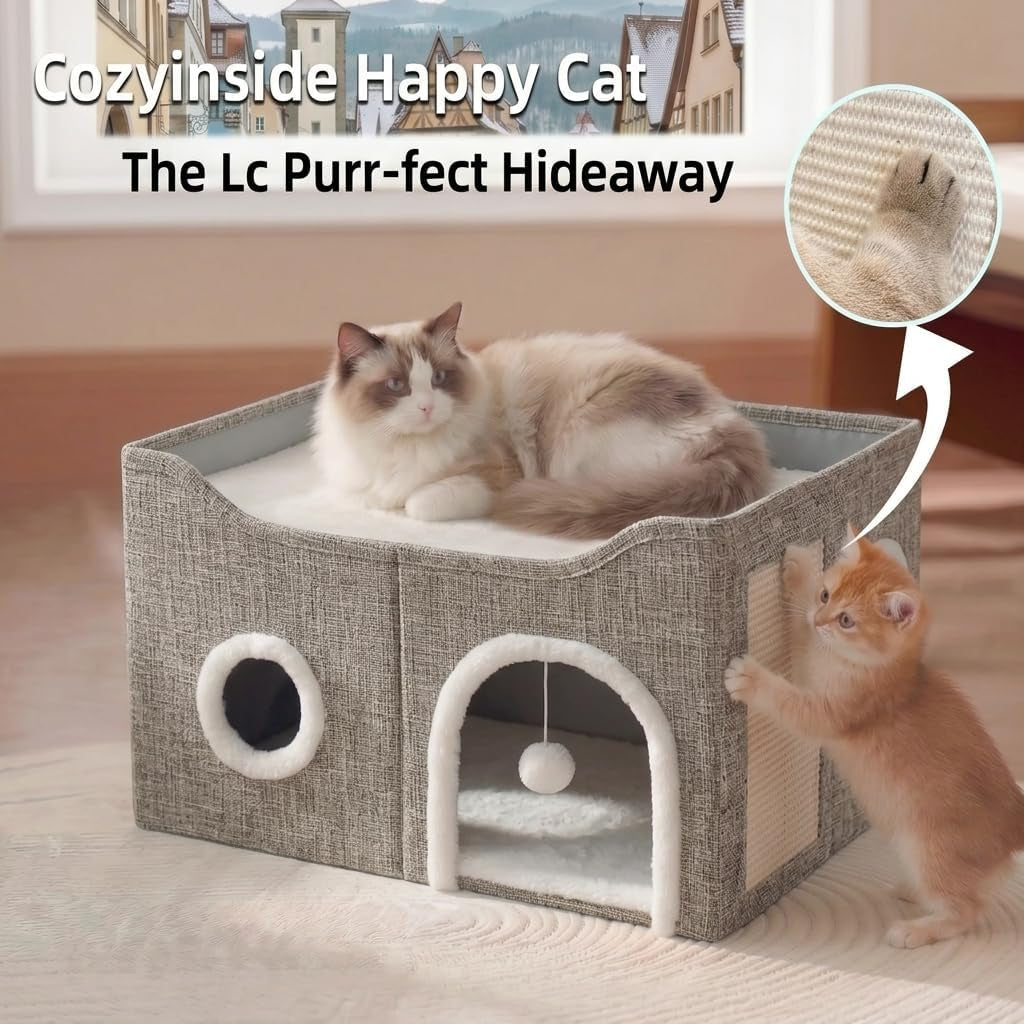 Eolahalcy Cat Beds for Indoor Cats - Large Cat Cave for Pet Cat House with Fluffy Ball Hanging and Scratch Pad, Foldable Cat Houses for Large Indoor Cats,Cat Hideaway, 23.8X15.9X13.2 Inches, Grey