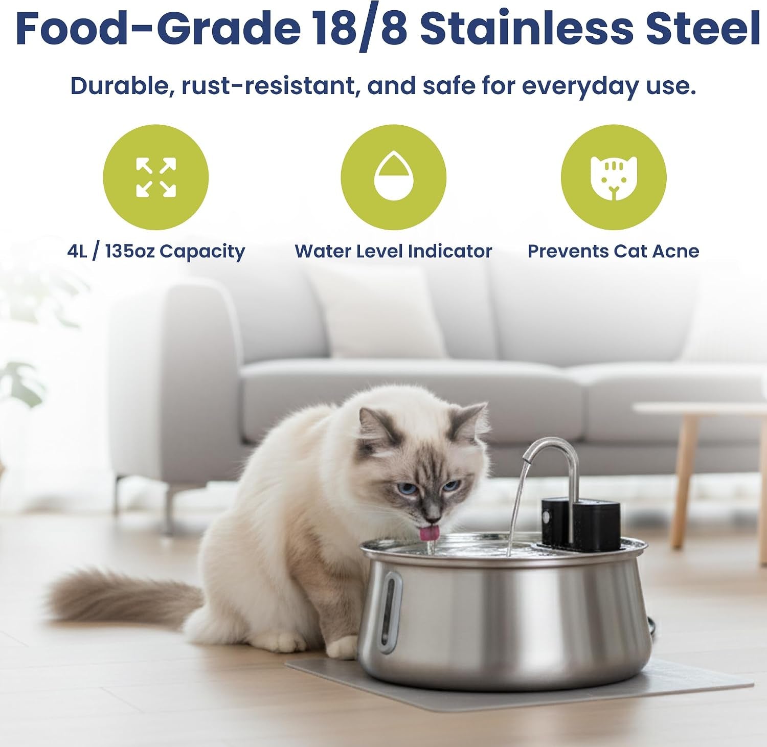 Stainless Steel Battery-Operated Dog & Cat Water Fountain, 4-L | Cordless Pet Fountain with Faucet-Style Flow, Automatic Water Dispenser for Cats Indoor, Motion Sensor, 3 Flow Modes