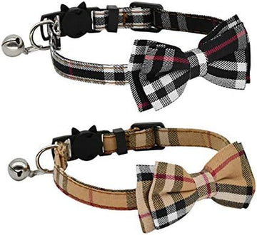 2 Pack/Set Cat Collar Breakaway with Cute Bow Tie and Bell for Kitty and Some Puppies, Adjustable from 7.8-10.5 Inch (Black+Brown)