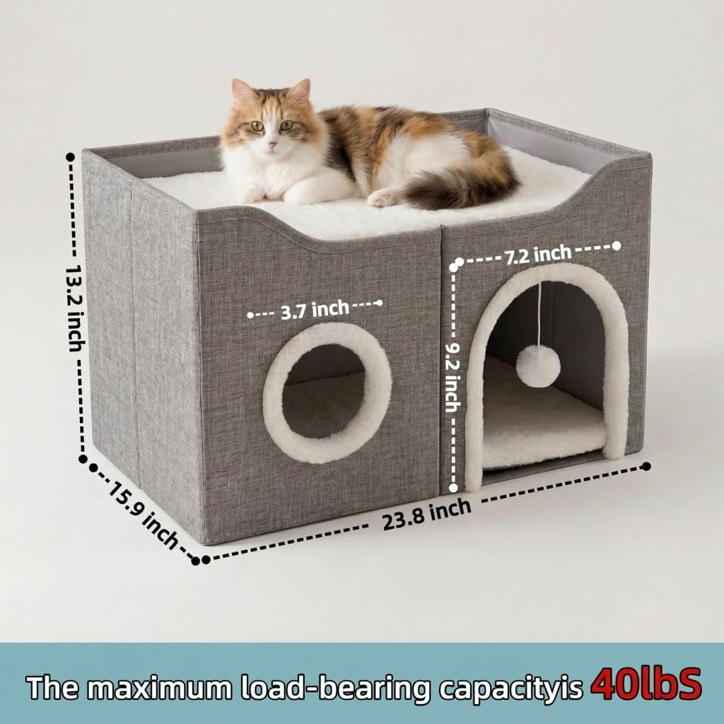 Eolahalcy Cat Beds for Indoor Cats - Large Cat Cave for Pet Cat House with Fluffy Ball Hanging and Scratch Pad, Foldable Cat Houses for Large Indoor Cats,Cat Hideaway, 23.8X15.9X13.2 Inches, Grey