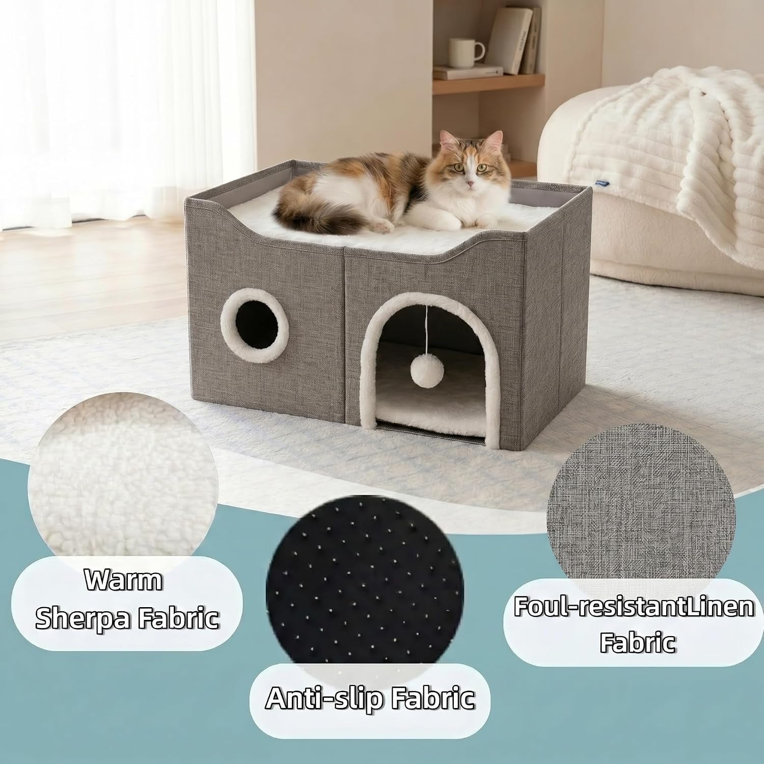 Eolahalcy Cat Beds for Indoor Cats - Large Cat Cave for Pet Cat House with Fluffy Ball Hanging and Scratch Pad, Foldable Cat Houses for Large Indoor Cats,Cat Hideaway, 23.8X15.9X13.2 Inches, Grey