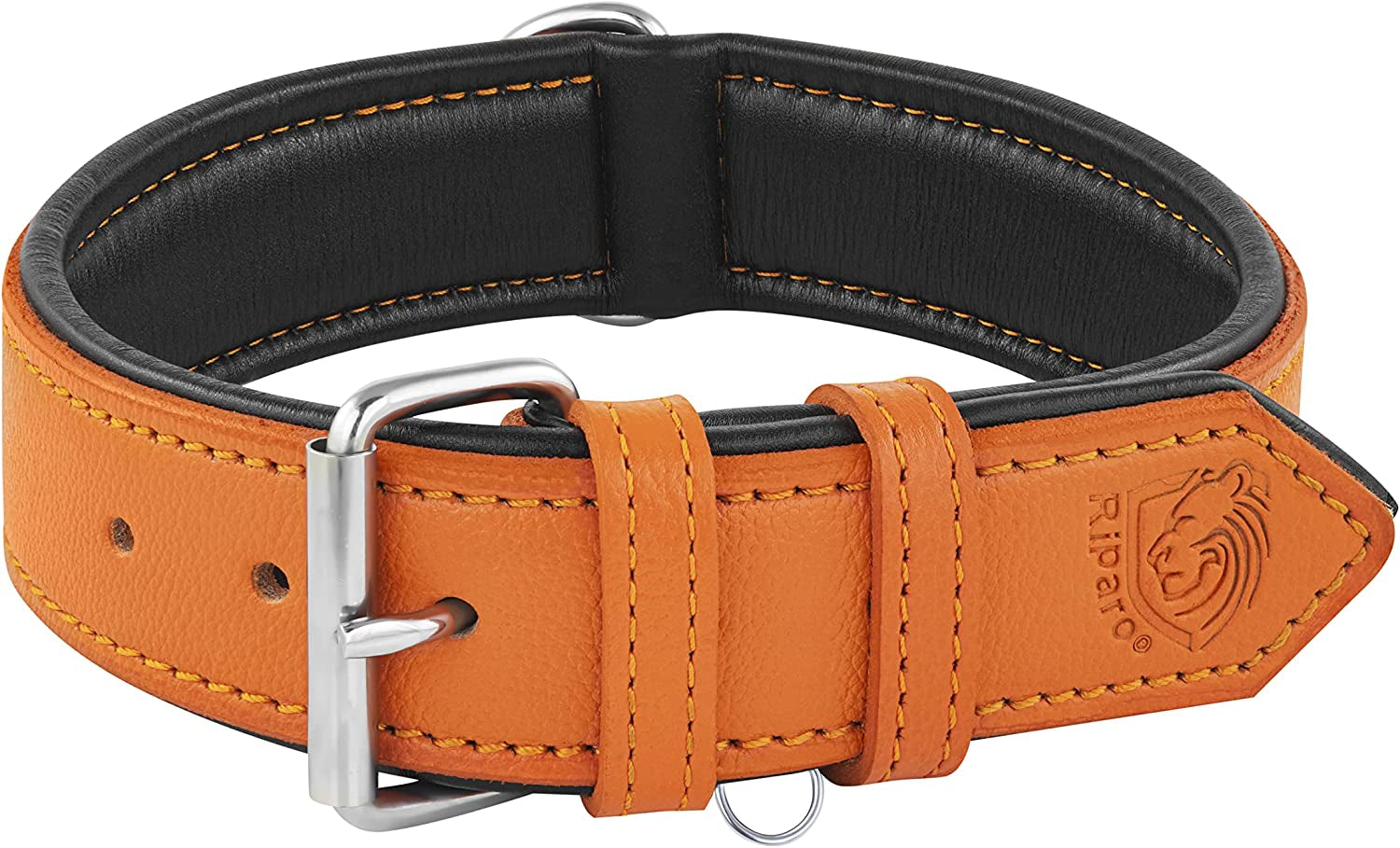 Riparo Leather Dog Collar, Large Dog Collar, Padded Heavy Duty Dog Collar with Dog Tag Holder, Orange Dog Collar (XL, Orange)