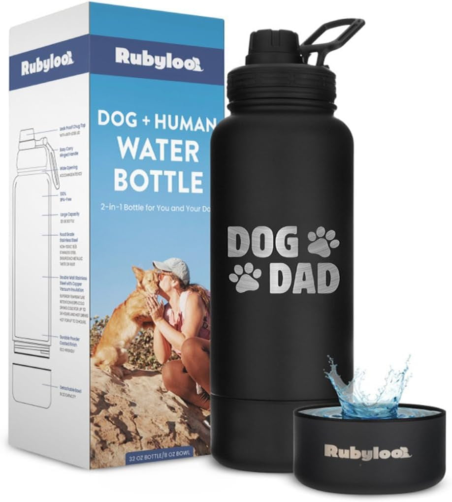 the Original Doggy Bag Backpack (Black) & 32Oz Insulated Water Bottle with Attached 8Oz Bowl (Dog Dad) – Dog Travel Backpack & Hydration Set