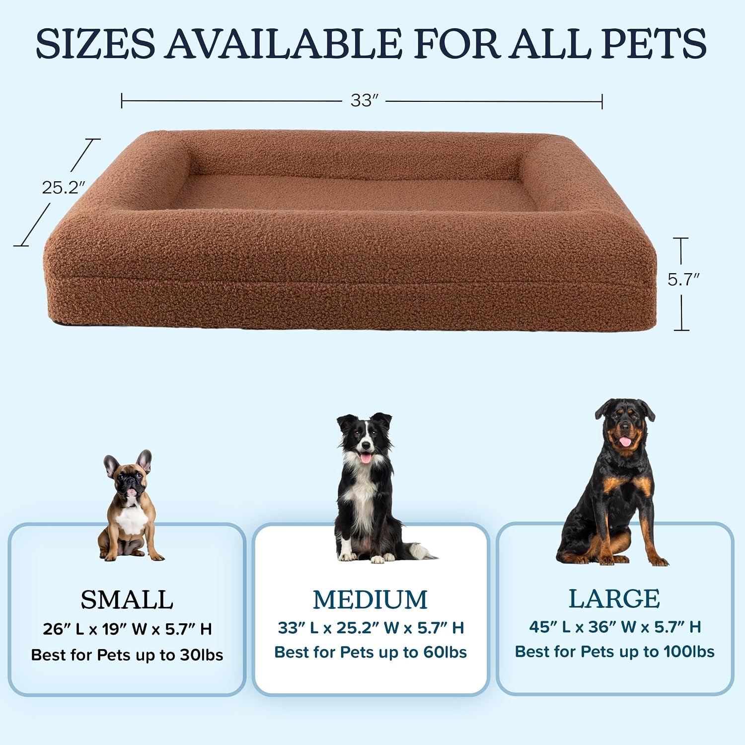 Memory Foam Orthopedic Dog Bed for Medium Pets, Brown, 33”X25.2” | Medium Dog Bed with Supportive Bolster, Nonslip Bottom, and Removable Washable Cover, Pet Products