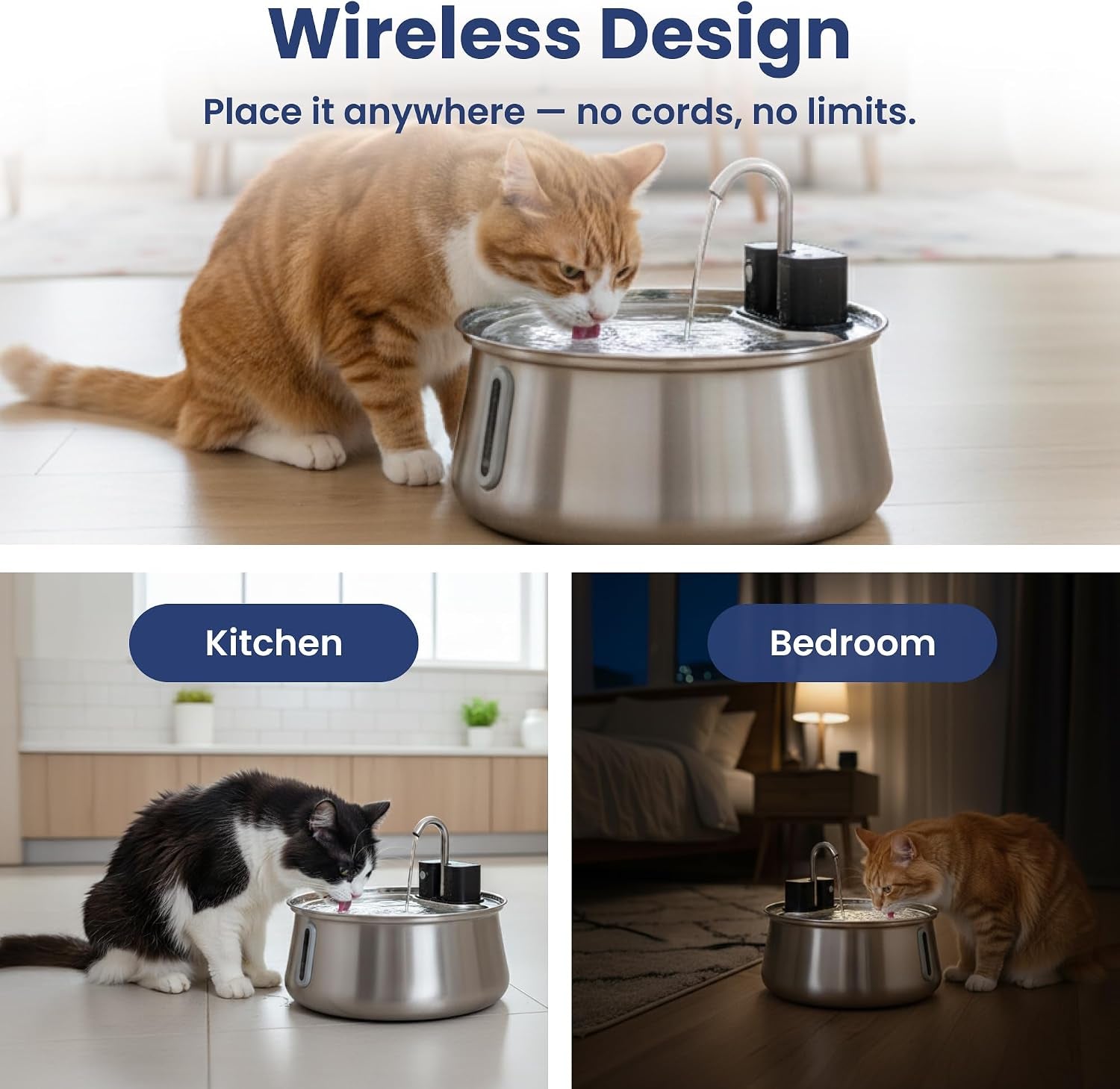 Stainless Steel Battery-Operated Dog & Cat Water Fountain, 4-L | Cordless Pet Fountain with Faucet-Style Flow, Automatic Water Dispenser for Cats Indoor, Motion Sensor, 3 Flow Modes