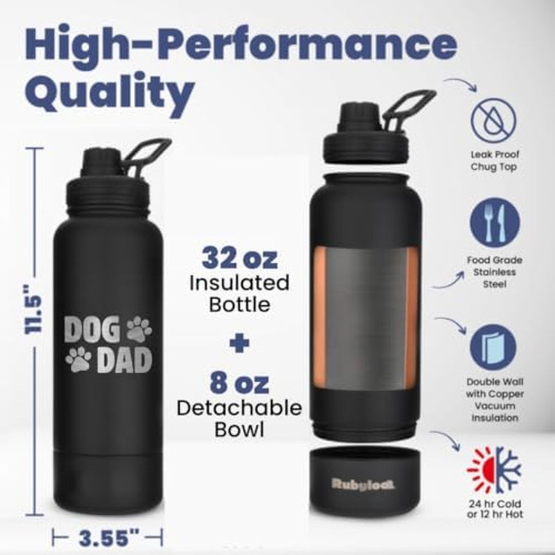 the Original Doggy Bag Backpack (Black) & 32Oz Insulated Water Bottle with Attached 8Oz Bowl (Dog Dad) – Dog Travel Backpack & Hydration Set