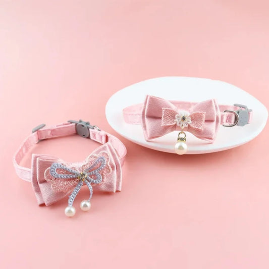 Pet Collar Pink Lace Bow Hanging Bead Cat Choker Bell