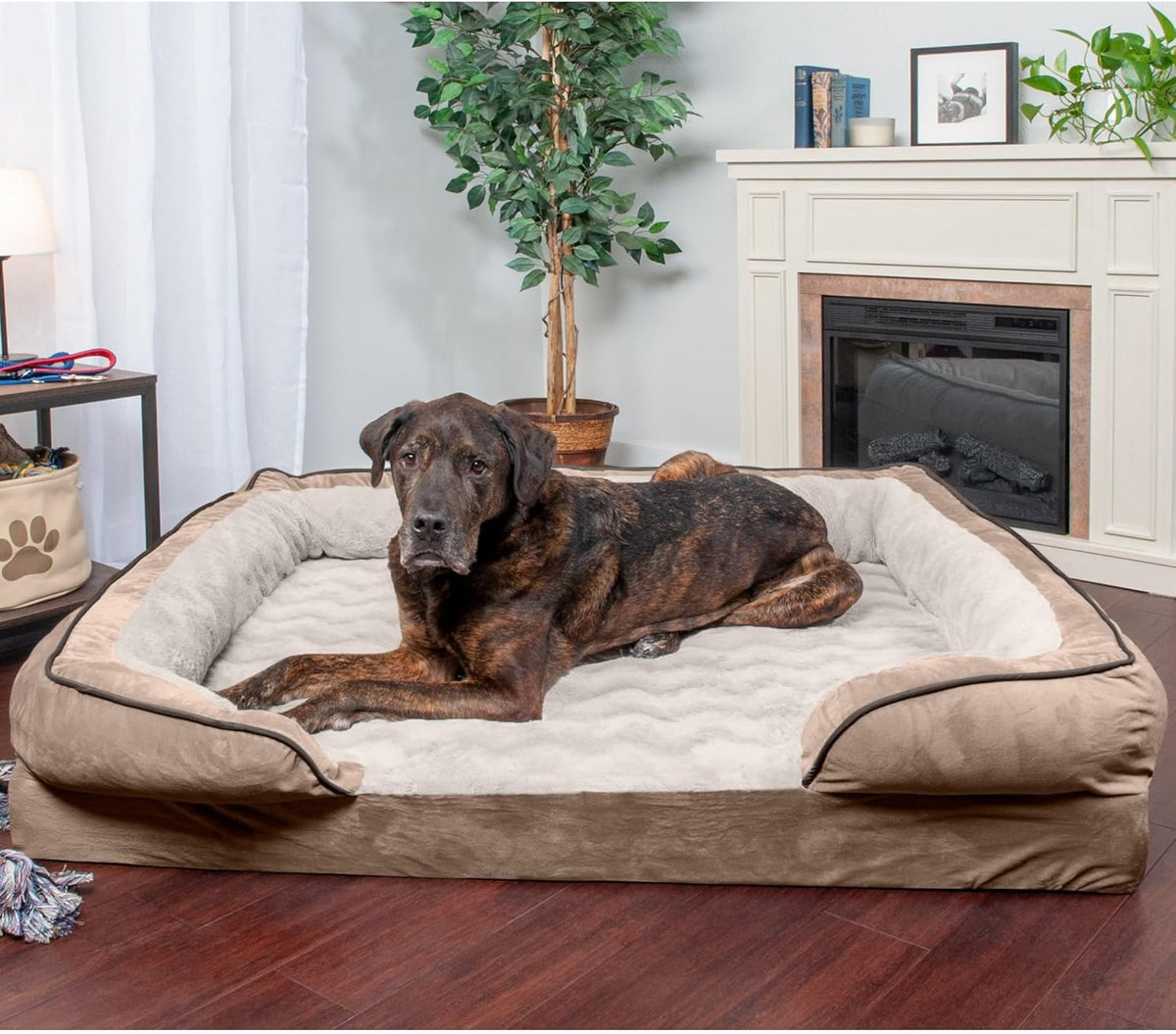 Orthopedic Dog Bed for Large Dogs W/ Removable Bolsters & Washable Cover, for Dogs up to 125 Lbs - Plush & Velvet Waves Perfect Comfort Sofa - Brownstone, Jumbo Plus/Xxl