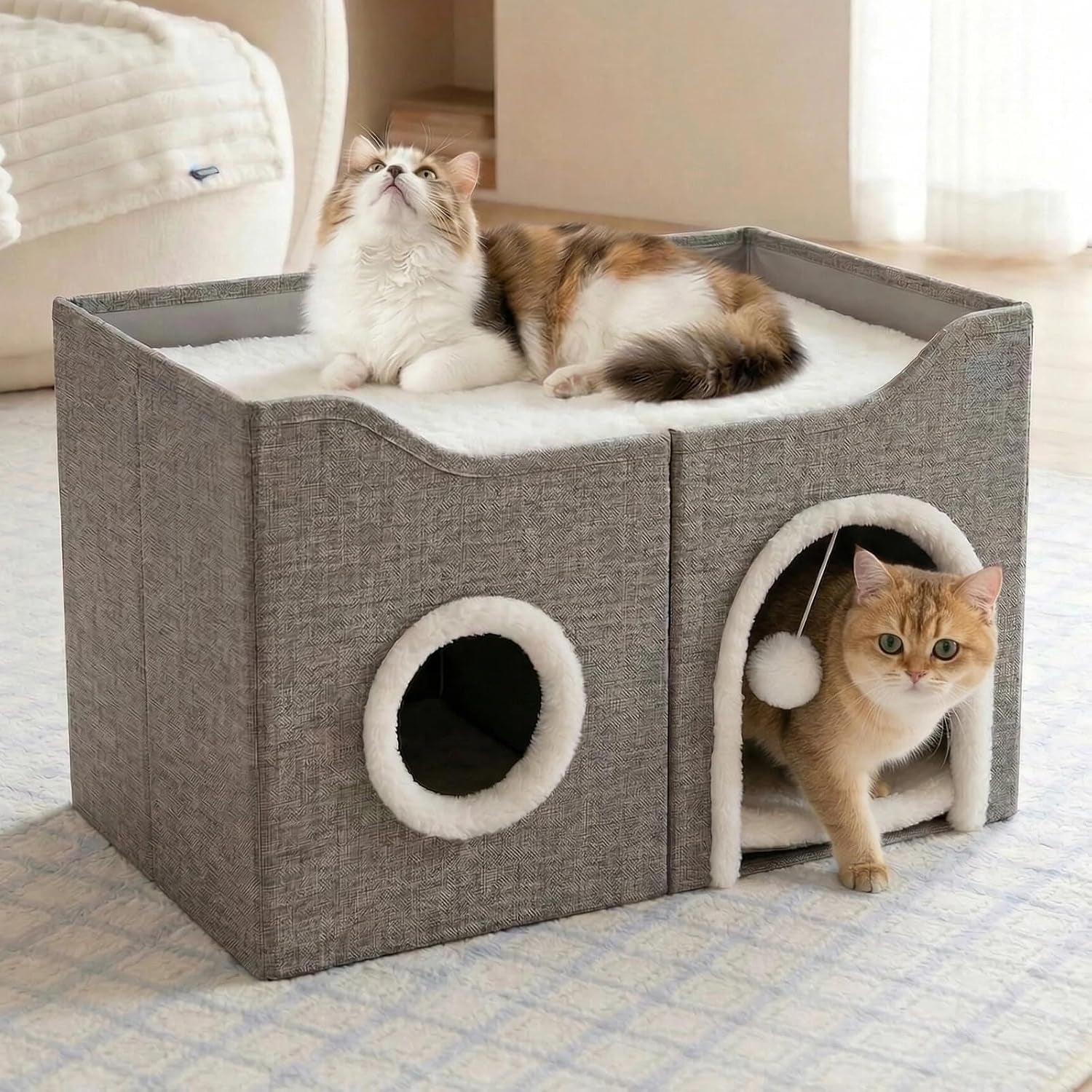 Eolahalcy Cat Beds for Indoor Cats - Large Cat Cave for Pet Cat House with Fluffy Ball Hanging and Scratch Pad, Foldable Cat Houses for Large Indoor Cats,Cat Hideaway, 23.8X15.9X13.2 Inches, Grey