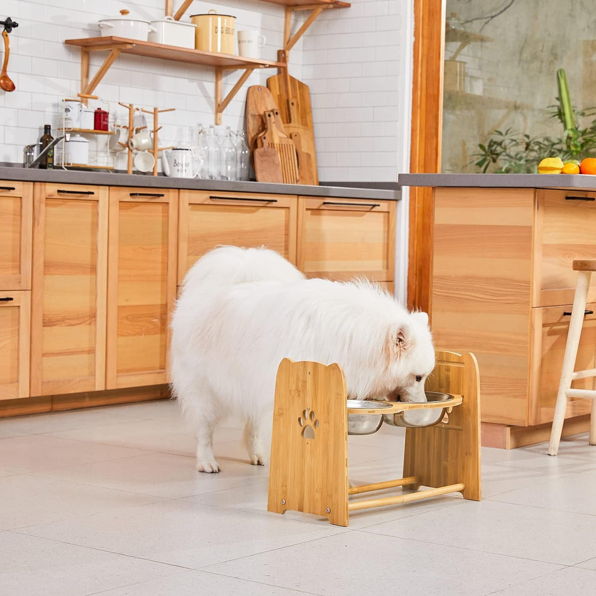 Elevated Dog Bowls for Cats and Dogs, Adjustable Bamboo Raised Dog Bowls for Large Dog, Food and Water Stand Feeder with 2 Stainless Steel anti Slip Feet (Height 7.9" to 11.4" to 15")…