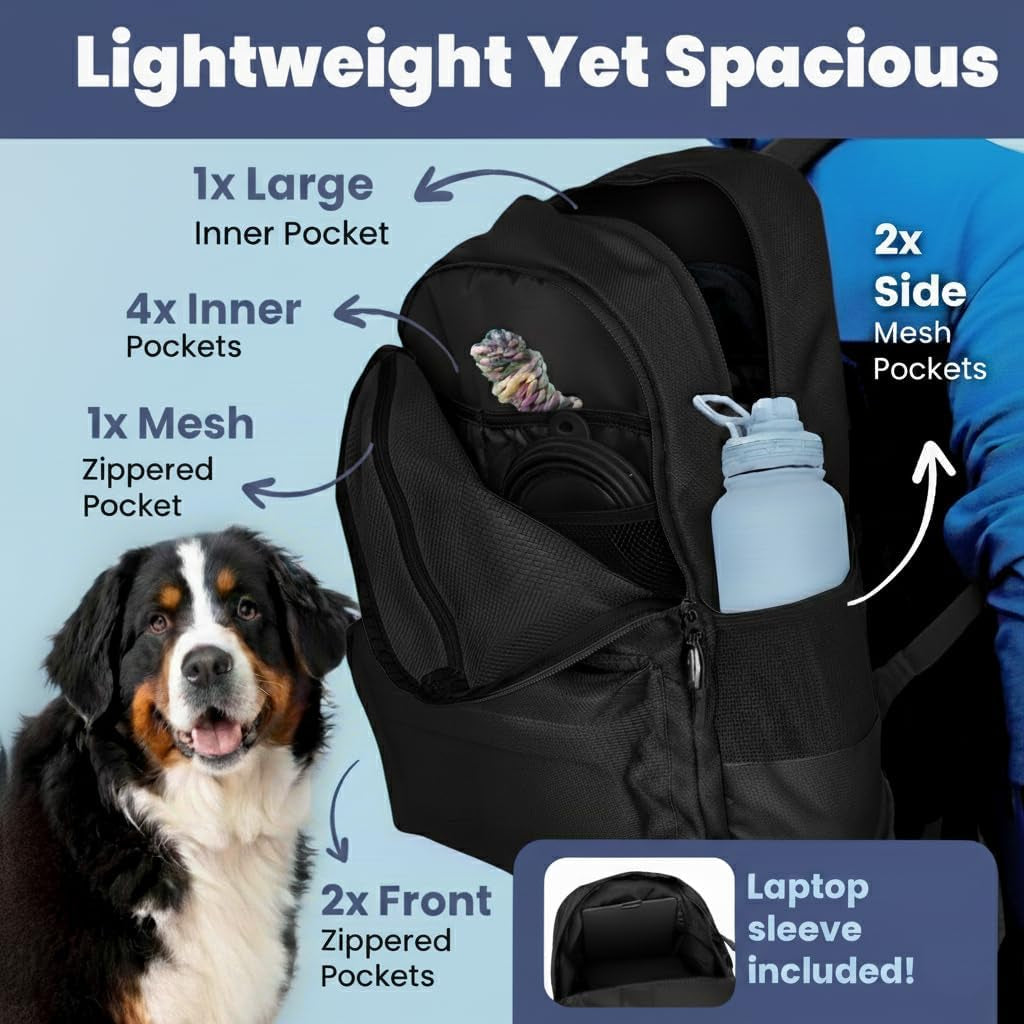the Original Doggy Bag Backpack (Black) & 32Oz Insulated Water Bottle with Attached 8Oz Bowl (Dog Dad) – Dog Travel Backpack & Hydration Set
