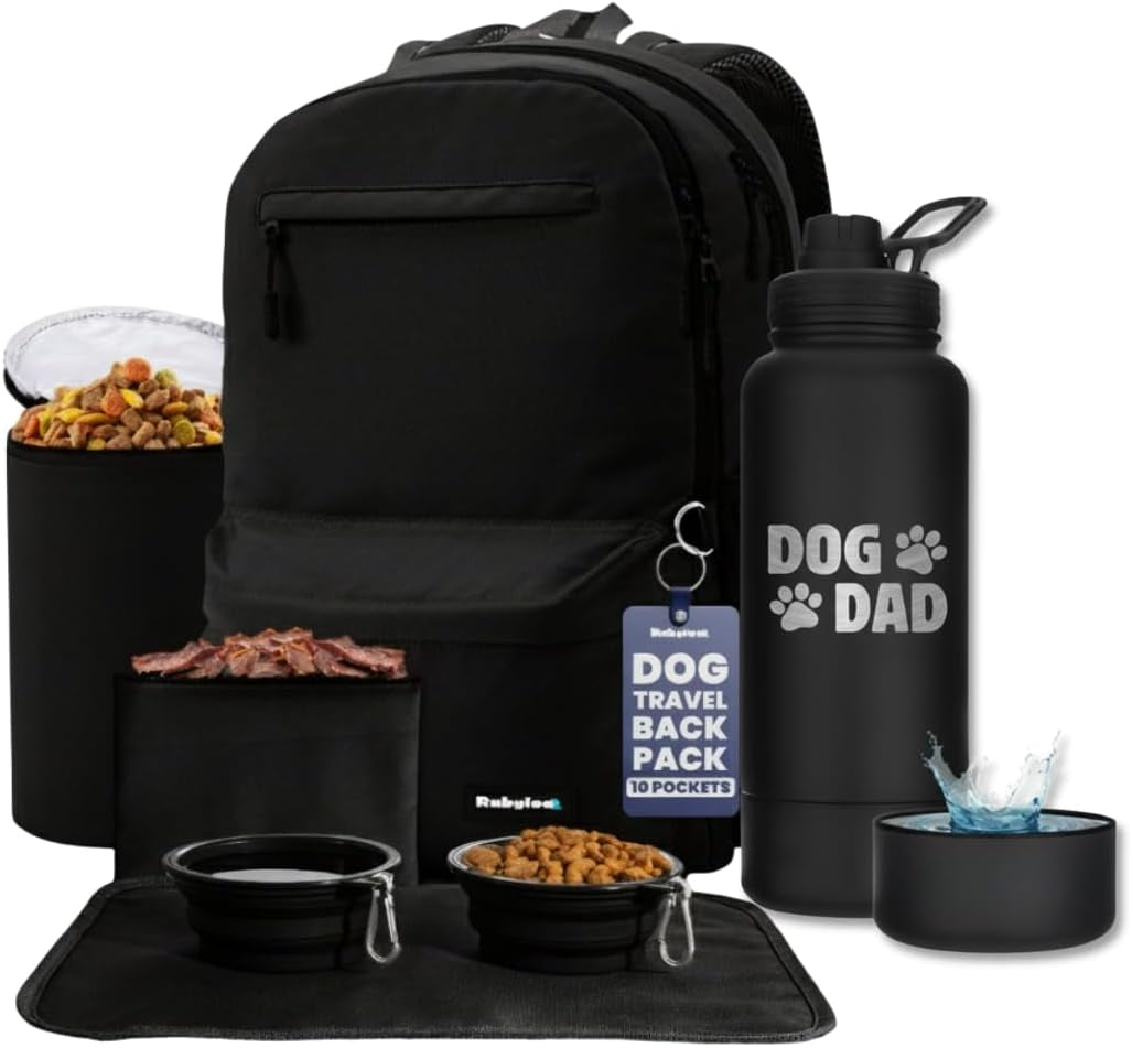 the Original Doggy Bag Backpack (Black) & 32Oz Insulated Water Bottle with Attached 8Oz Bowl (Dog Dad) – Dog Travel Backpack & Hydration Set