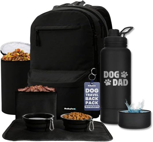 the Original Doggy Bag Backpack (Black) & 32Oz Insulated Water Bottle with Attached 8Oz Bowl (Dog Dad) – Dog Travel Backpack & Hydration Set