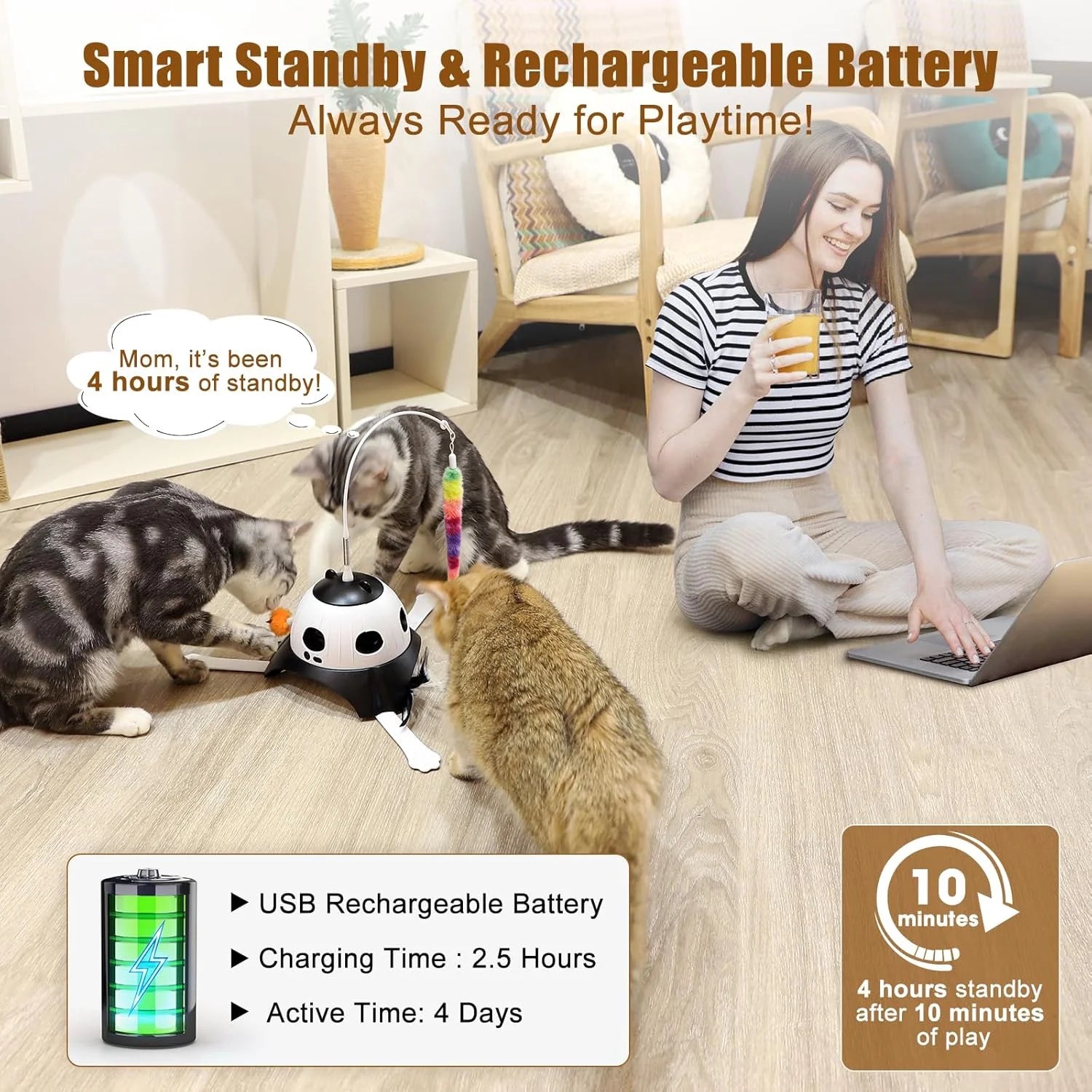VOCOO Interactive Cat Toys for Indoor Cats, Motion Activate Automatic Cat Toys, 3-In-1 Hunt,Hide and Seek Game, USB Charging (Black)