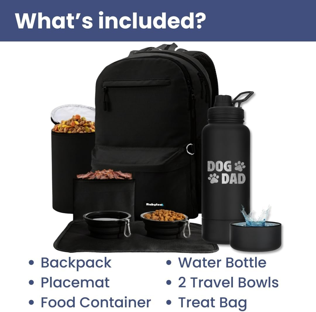 the Original Doggy Bag Backpack (Black) & 32Oz Insulated Water Bottle with Attached 8Oz Bowl (Dog Dad) – Dog Travel Backpack & Hydration Set
